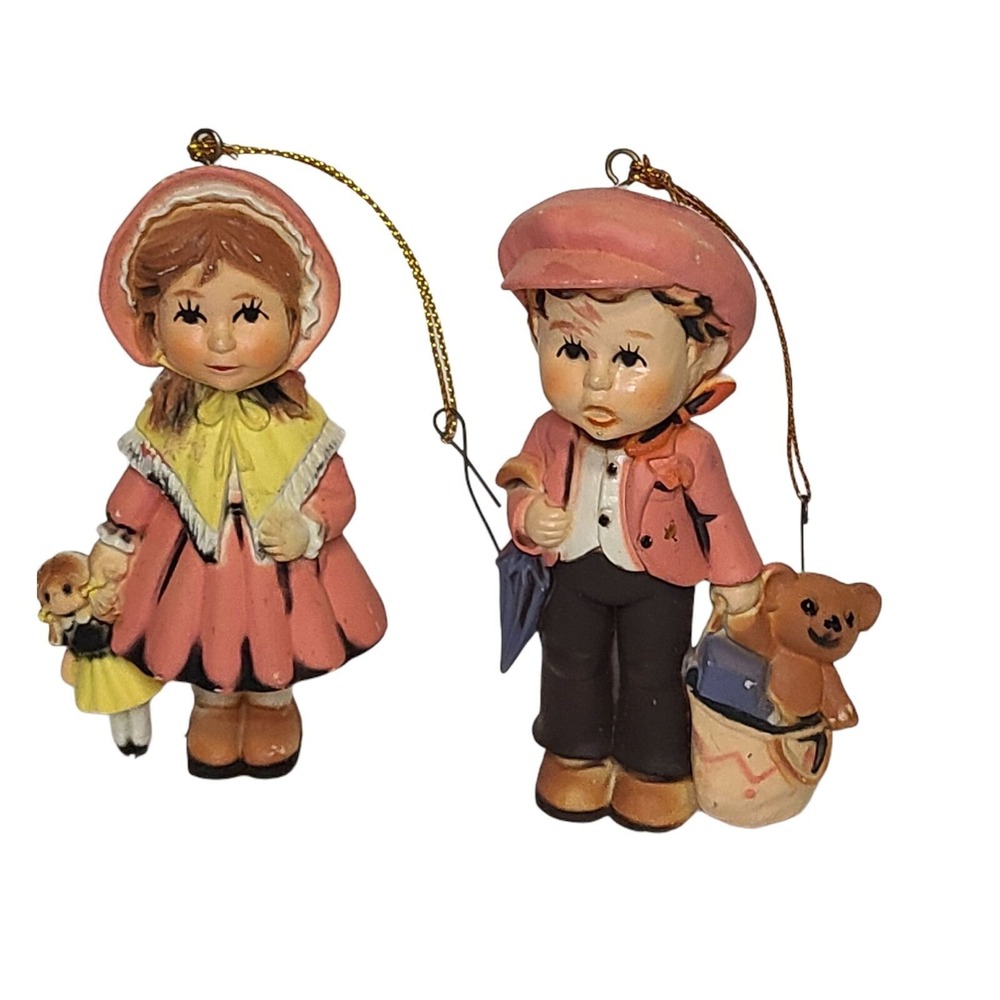 Vintage Ceramic Boy and Girl Figurines With Teddy Bear and Doll Ornaments‎